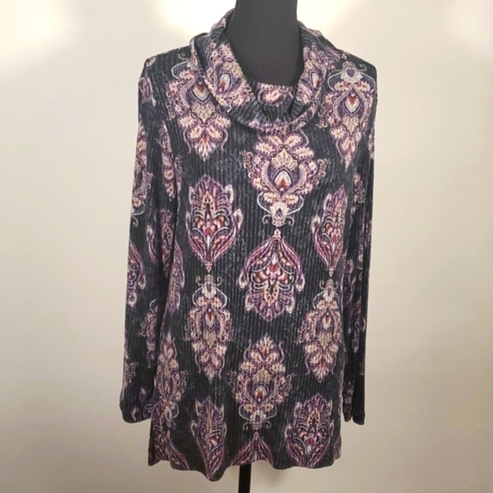 Chico's Zenergy Cozy Medallion Print Cowl Neck Tunic Top Size 1 Medium